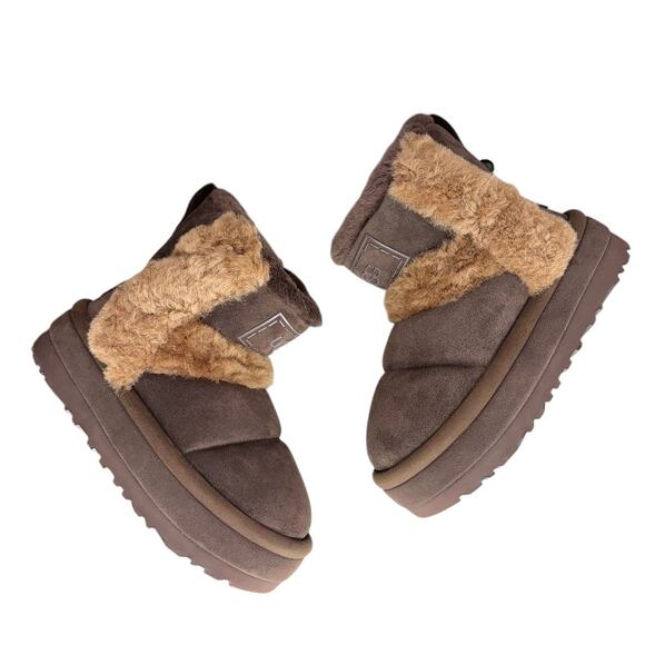 NWOB UGG RARE Chillapeak Brown Suede Fur Ankle Chunky Platform Boots Size 8 - Picture 2 of 12